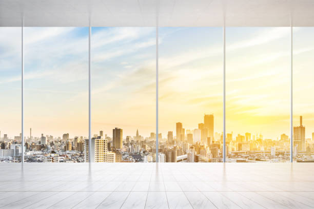 istock empty marble floor and window with panoramic modern cityscape building bird eye aerial view of Tokyo, Japan, for display or mock up 931554918