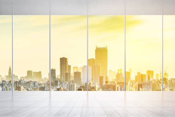istock empty marble floor and window with panoramic modern cityscape building bird eye aerial view of Tokyo, Japan, for display or mock up 931554930