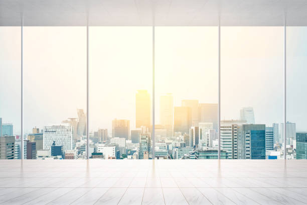 istock empty marble floor and window with panoramic modern cityscape building bird eye aerial view of Nagoya, Japan, for display or mock up 931554942