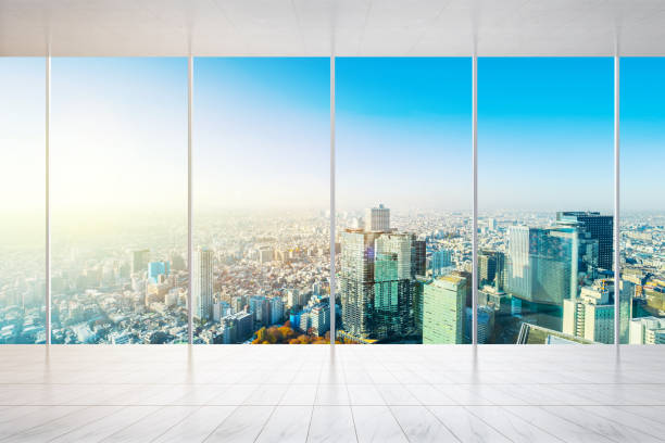 istock empty marble floor and window with panoramic modern cityscape building bird eye aerial view of Shinjuku, Tokyo, Japan, for display or mock up 931554994