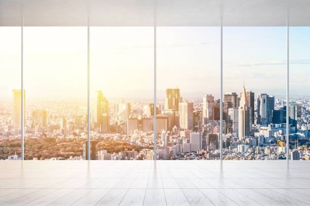 istock empty marble floor and window with panoramic modern cityscape building bird eye aerial view of Shinjuku, Tokyo, Japan, for display or mock up 931555016