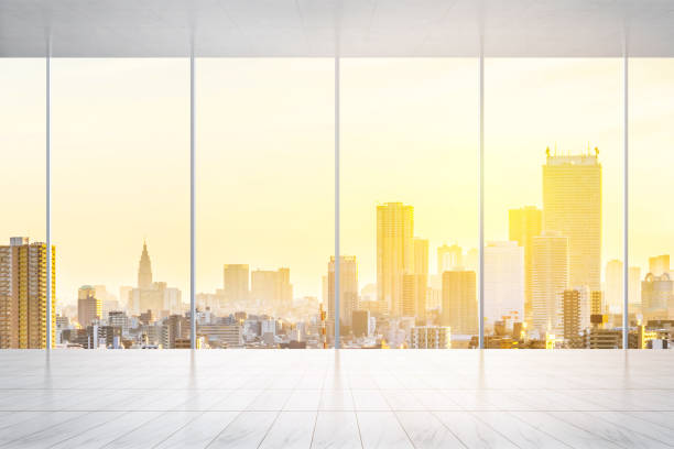 istock empty marble floor and window with panoramic modern cityscape building bird eye aerial view of Tokyo, Japan, for display or mock up 931555122