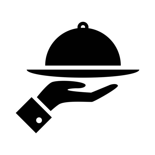 Meal tray on hand icon covered food tray on a hand of hotel room service vector icon butler stock illustrations