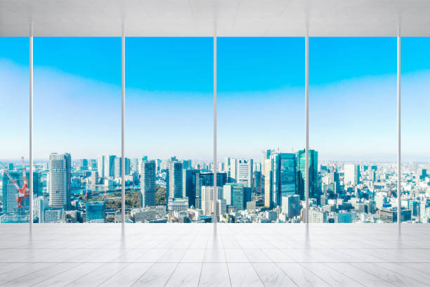 istock empty marble floor and window with panoramic modern cityscape building bird eye aerial view of Shiodome, Tokyo, Japan, for display or mock up 931555388