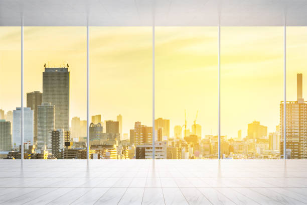 istock empty marble floor and window with panoramic modern cityscape building bird eye aerial view of Tokyo, Japan, for display or mock up 931555416