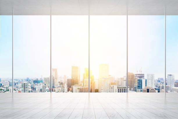 istock empty marble floor and window with panoramic modern cityscape building bird eye aerial view of Tokyo, Japan, for display or mock up 931555438