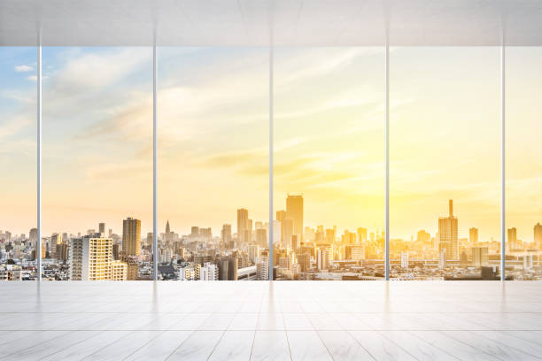istock empty marble floor and window with panoramic modern cityscape building bird eye aerial view of Tokyo, Japan, for display or mock up 931555502