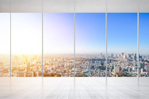 istock empty marble floor and window with panoramic modern cityscape building bird eye aerial view of Shinjuku, Tokyo, Japan, for display or mock up 931557694