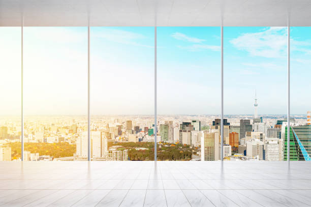 istock empty marble floor and window with panoramic modern cityscape building bird eye aerial view of tokyo skytree, Japan, for display or mock up 931557772