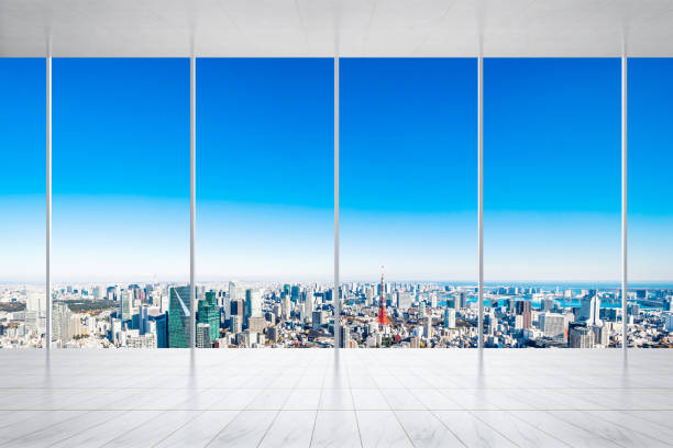 istock empty marble floor and window with panoramic modern cityscape building bird eye aerial view of tokyo tower, Japan, for display or mock up 931557814