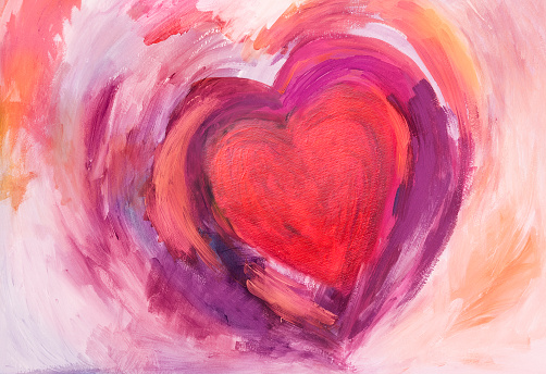 Abstract Heart painted with acrylic colors on paper. With red, pink and purple.  My own work.