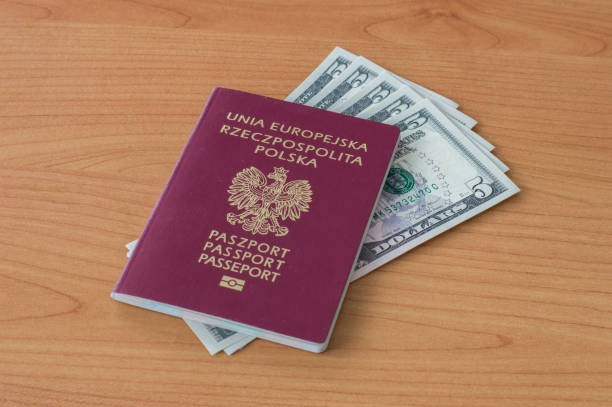 istock Polish biometric passport with five dollars banknotes. 931559522