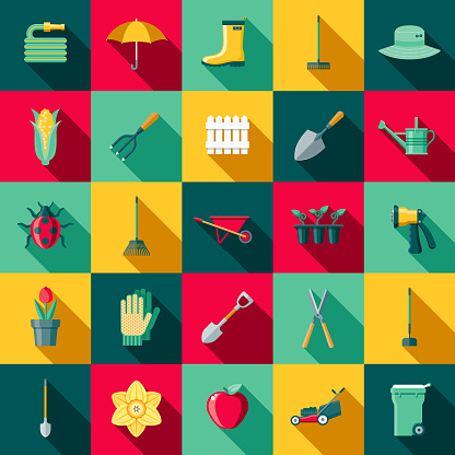 A set of flat design styled gardening supplies icons with a long side shadow. Color swatches are global so it’s easy to edit and change the colors.