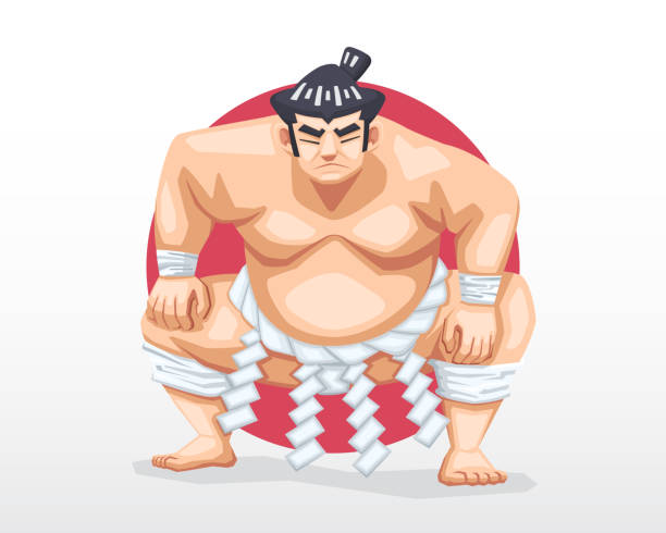 ilustrações, clipart, desenhos animados e ícones de pé de sumô em posição de crouch com círculo vermelho como ilustração de fundo - sumo
