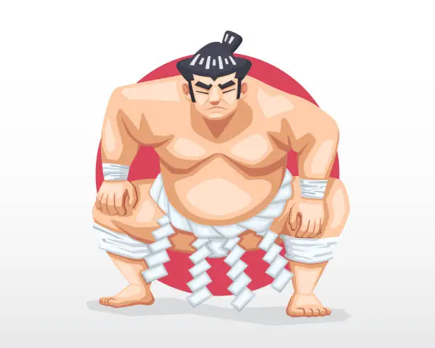 Vector illustration of Sumo standing in crouch stance with red circle as background illustration