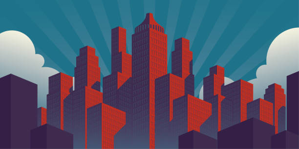 ilustrações de stock, clip art, desenhos animados e ícones de simple propaganda poster style city illustration with red buildings on a teal sky background - skyscraper