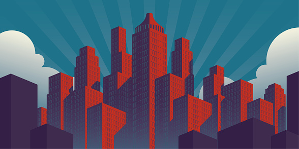 A simple propaganda poster style city illustration with red buildings on a teal sky background in a ​horizontal orientation.