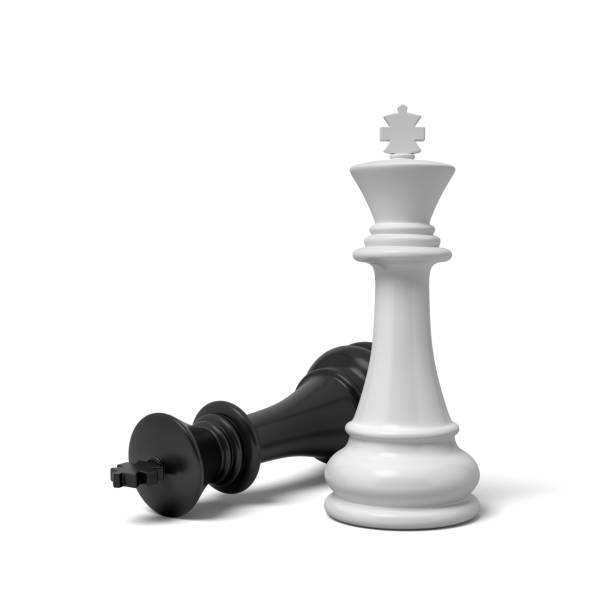 istock 3d rendering of a white king piece standing near a fallen black piece on a white background 931578610