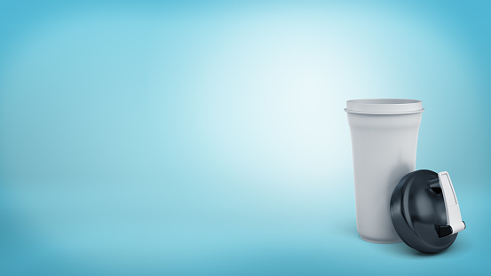 3d rendering of a single white shaker bottle stands on a blue background with a black lid leaning on it. Sports and fitness. Protein shakes. Health and nutrition.