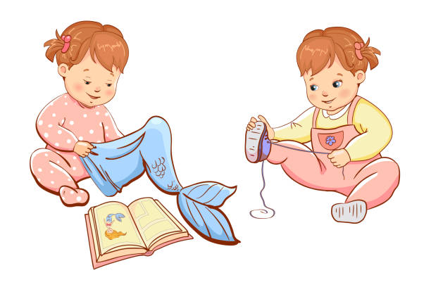 ilustraciones, imágenes clip art, dibujos animados e iconos de stock de niñas lindas jugando. dos lindos niños niñas. ilustración de vector. - getting dressed illustrations