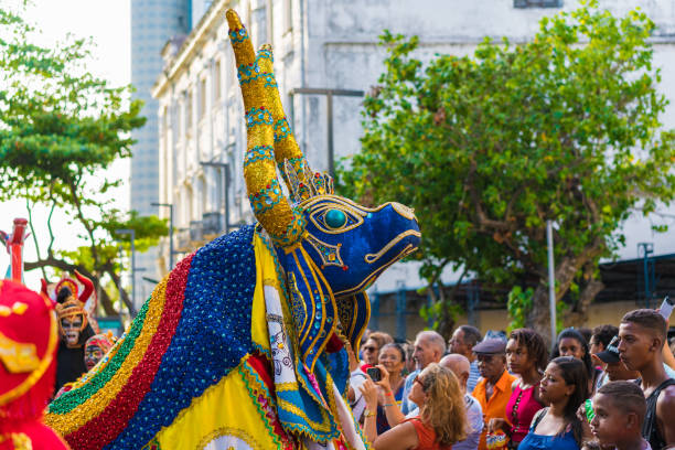 Recife, Pernambuco, Brazil - March 12, 2018: Brazilians wearing costumes and celebrate the anniversary of the city of Recife.