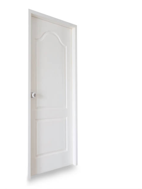 istock Isolated white door with white handle in close position and side view angle. Clipping path included. 931587046