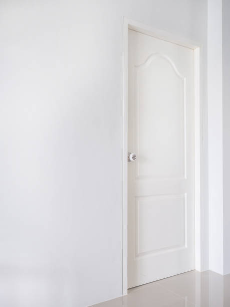 istock white door with white handle in close position and side view angle. 931587068
