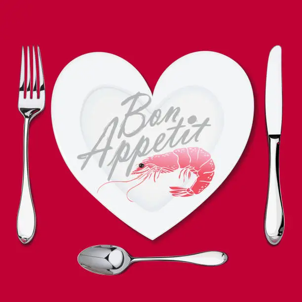 Vector illustration of on a plate with a heart shape lies a shrimp, a knife, a fork and a spoon