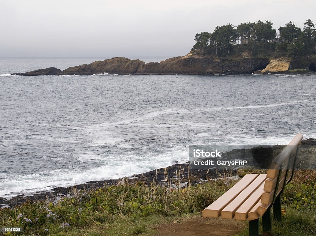 ベンチ望む太平洋デポー湾でオレゴン州 - かすみのロイヤリティフリーストックフォト