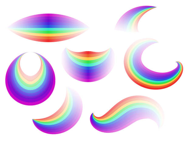 ilustraciones, imágenes clip art, dibujos animados e iconos de stock de conjunto de las diferentes formas del arco iris. - rainbow multi colored sun sunlight