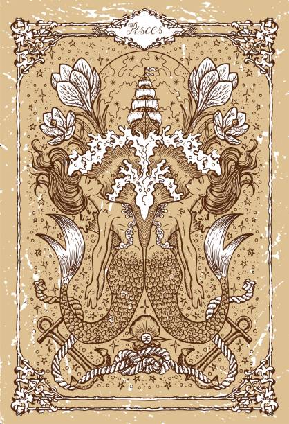 Vector Fantasy Zodiac sign Pisces in gothic frame on texture Hand drawn fantasy graphic vector illustration in frame. Occult mystic drawing with engraved horoscope symbol pisces fish tattoo designs drawing stock illustrations