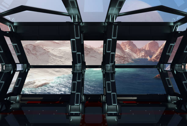 istock Water Planet. Glass wall. Large spaceship interior. 931623706