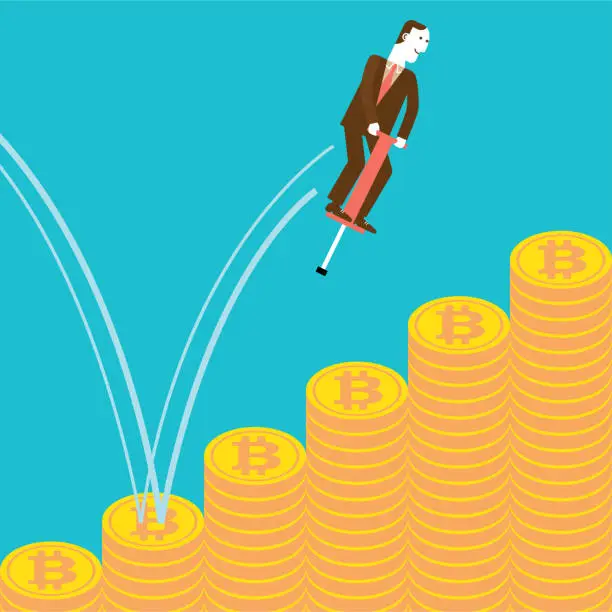 Vector illustration of Businessman Pogo Stick Jumping on Bitcoins | New Business Concept