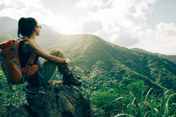 istock Young woman backpacker enjoy the view at mountain peak 931644026