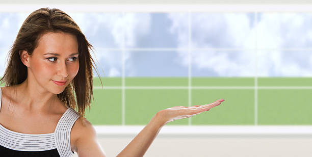 istock Young beautiful  woman hold hand palm up 93164696
