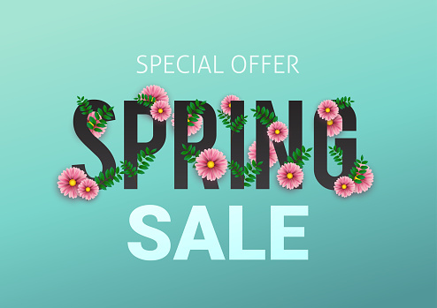 Spring sale floral advertizing poster, board. Banner with realistic flowers. Vector