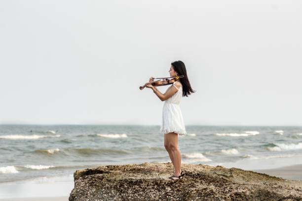 istock Happy woman playing violin on the beach. 931648944