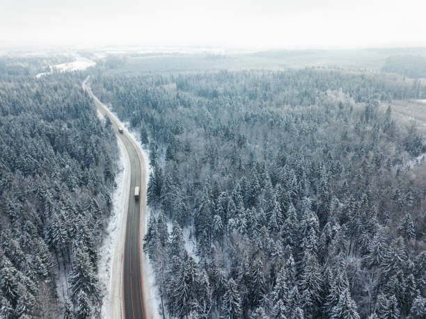 istock Road through the winter forest. Aerial view landscape 931649142