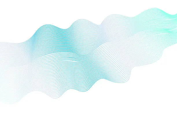 Vector illustration of Abstract wavy striped pattern on white background. Vector light blue, aquamarine, violet wave. Line art design element. Elegant flowing shiny waves, ribbon imitation. EPS10 illustration