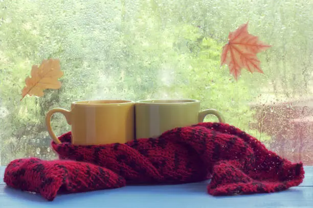 Two mugs wrapped together in a scarf on the background of a window with drops of water