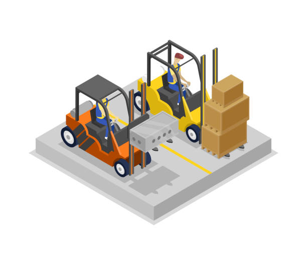 ilustrações, clipart, desenhos animados e ícones de empilhadeiras no ícone 3d isométrica de carregamento do armazém - distribution warehouse men three dimensional shape delivering