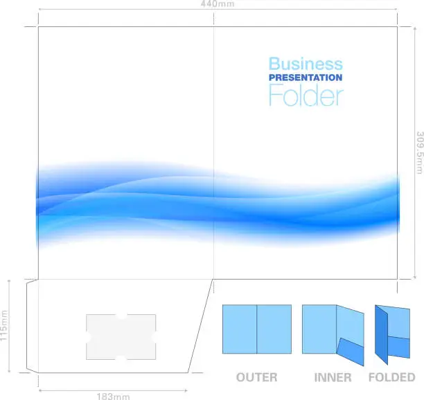 Vector illustration of Presentation Folder A4, Template with Flow Background Graphic, Cutter Guide, with standard business card slot, prints from a SRA2 sheet