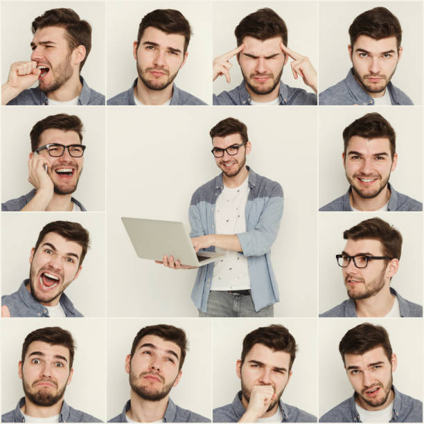 istock Set of young man different emotions at white studio background 931656084