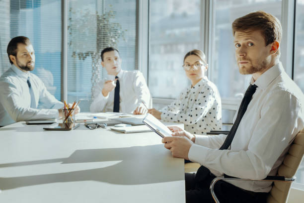 istock Young manager being nervous during meeting with bosses 931656554