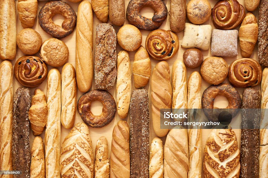 Bread baking rolls and croissants Bread baking rolls and croissants as a background Bread Stock Photo