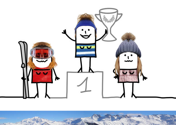 cartoon-ski champion mädchen auf podium mit tasse - humor athlete trophy one person stock-grafiken, -clipart, -cartoons und -symbole