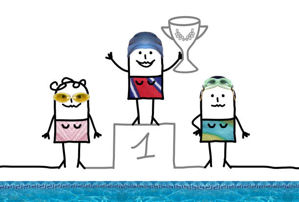 cartoon-swimming champion mädchen auf podium mit tasse - humor athlete trophy one person stock-grafiken, -clipart, -cartoons und -symbole