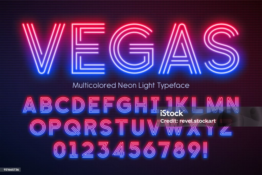 Neon light alphabet, multicolored extra glowing font Neon light alphabet, multicolored extra glowing font. Exclusive swatch color control. Typescript stock vector