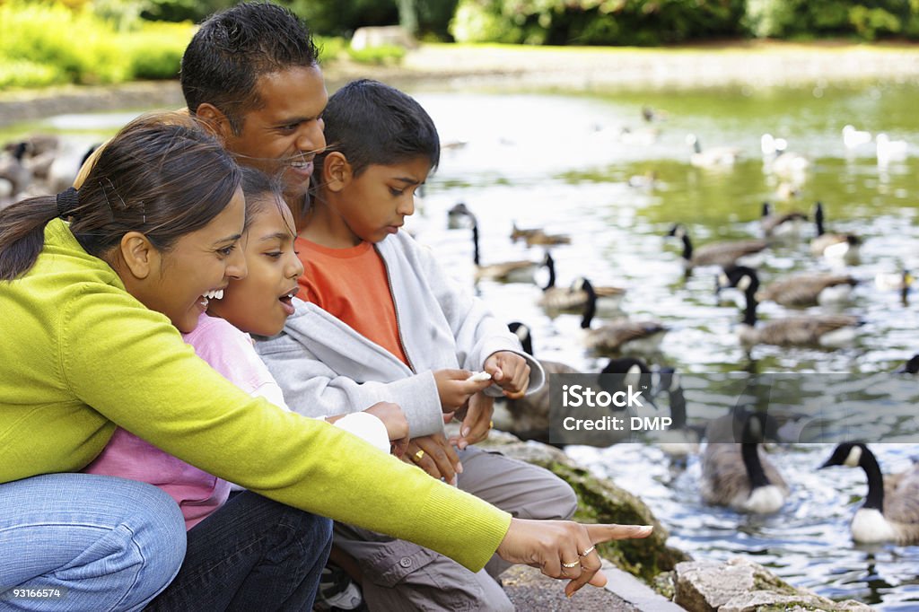 Indische Familie im Freien Fütterung Ornament im Teich - Lizenzfrei Familie Stock-Foto