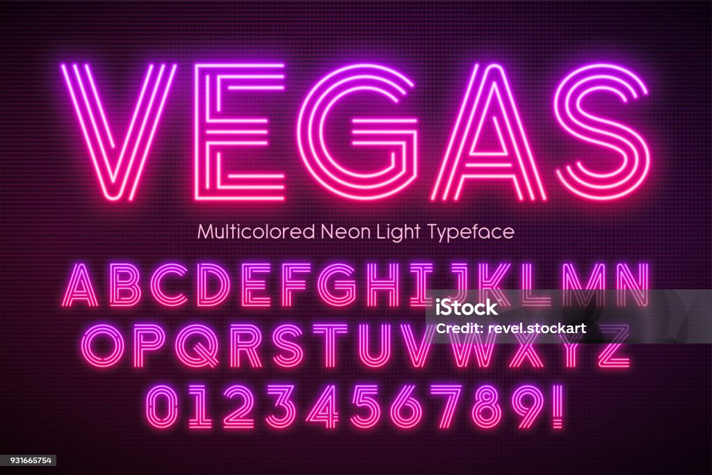 Neon light alphabet, multicolored extra glowing font Neon light alphabet, multicolored extra glowing font. Exclusive swatch color control. Text stock vector